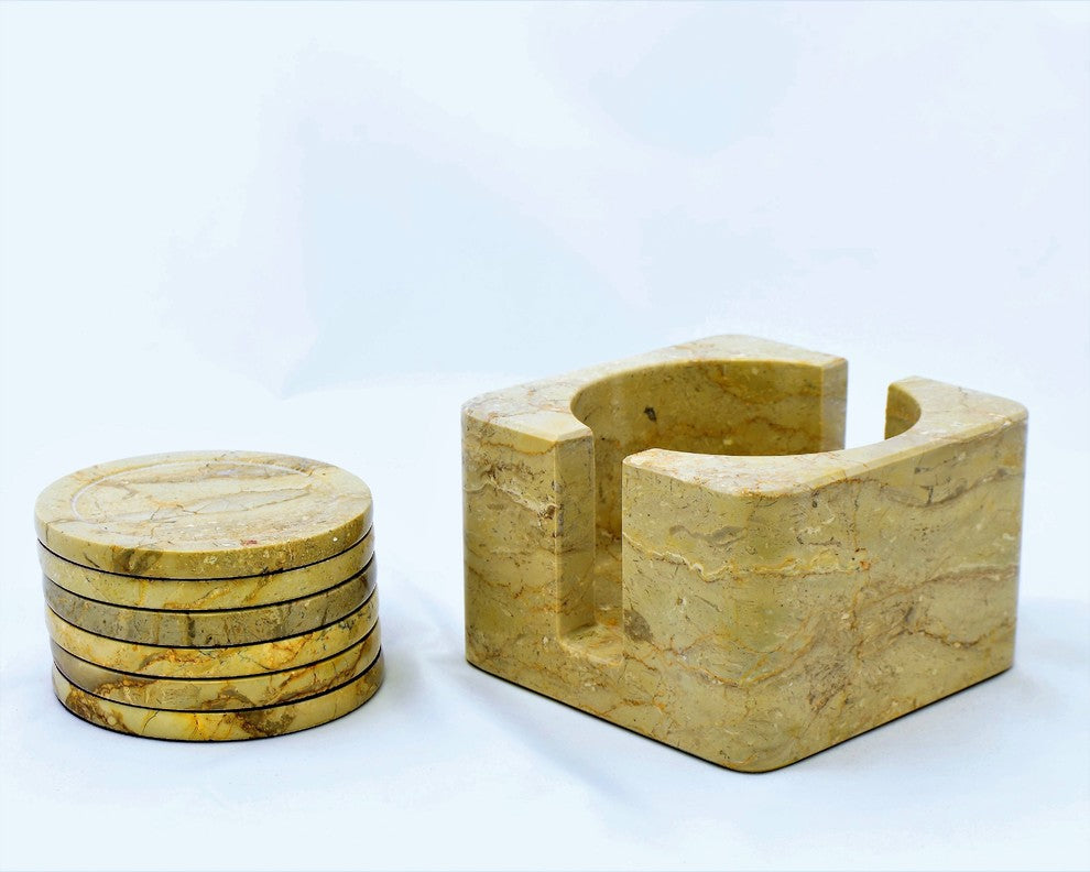 Coaster Set With Holder, Sahara Beige Marble, 6-Piece Set