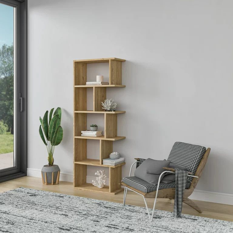 Modern Bookcase, Unique Geometric Design With 5 Cubbies & Bayside Shelves, Oak