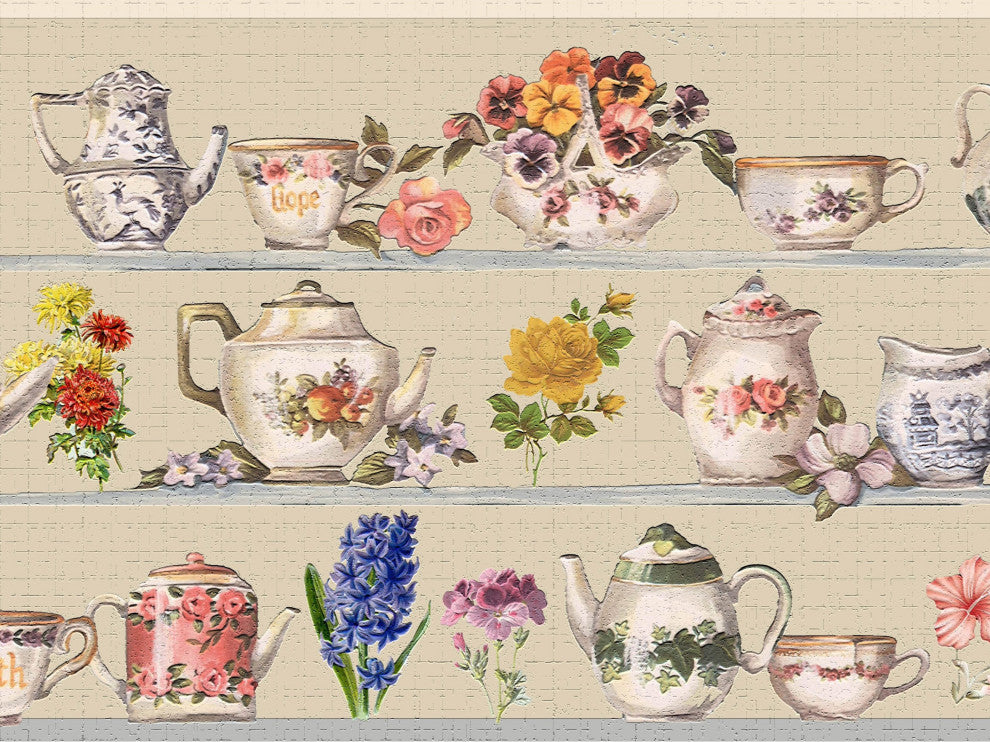 Flowers, Teapots Peel and Stick Wallpaper Border 15'x7"
