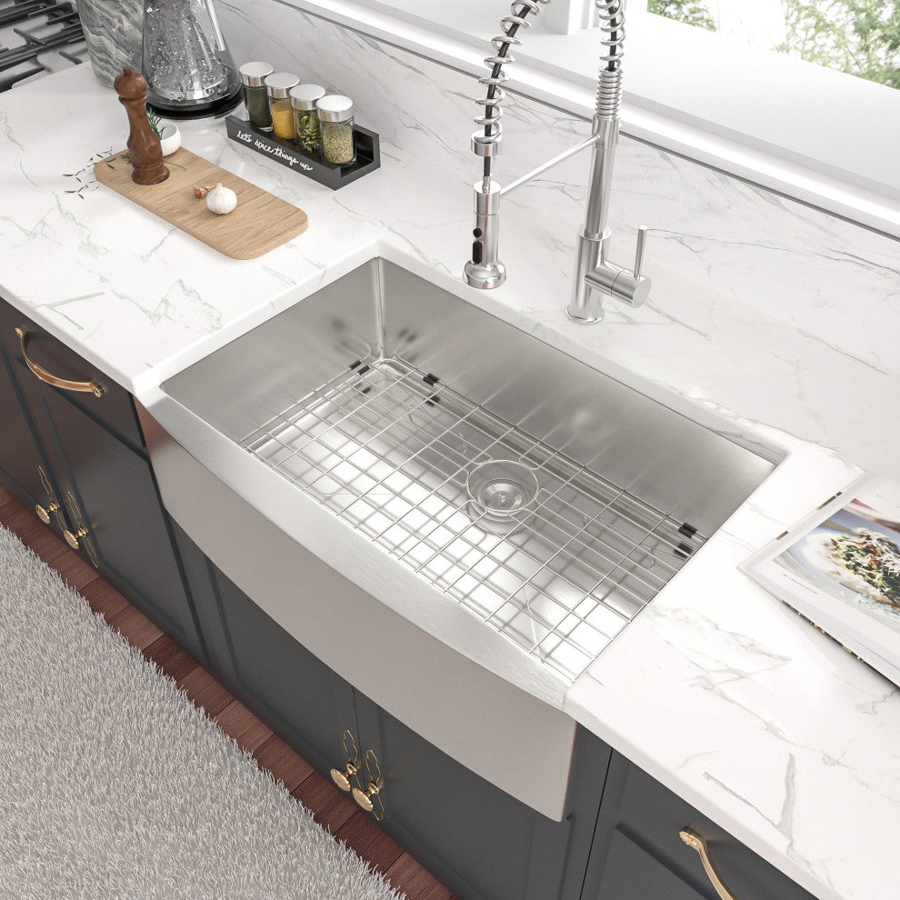 Farmhouse 16 Gauge Stainless Steel Apron Front Deep Single Bowl Kitchen Sink, 33x21x10