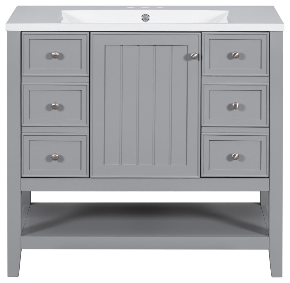 36 Inch Freestanding Bathroom Vanity Set in Blue with Drawers and Ceramic Sink, Grey