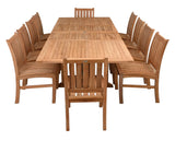 11 Piece Teak Wood Dining Set, Rect Double Extension Table, 10 Abaco Side Chairs