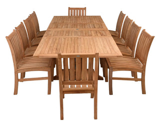 11 Piece Teak Wood Dining Set, Rect Double Extension Table, 10 Abaco Side Chairs