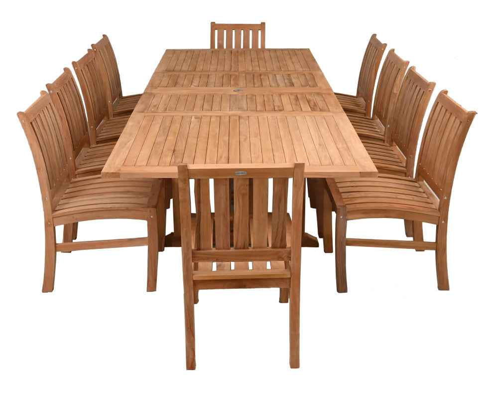 11 Piece Teak Wood Dining Set, Rect Double Extension Table, 10 Abaco Side Chairs