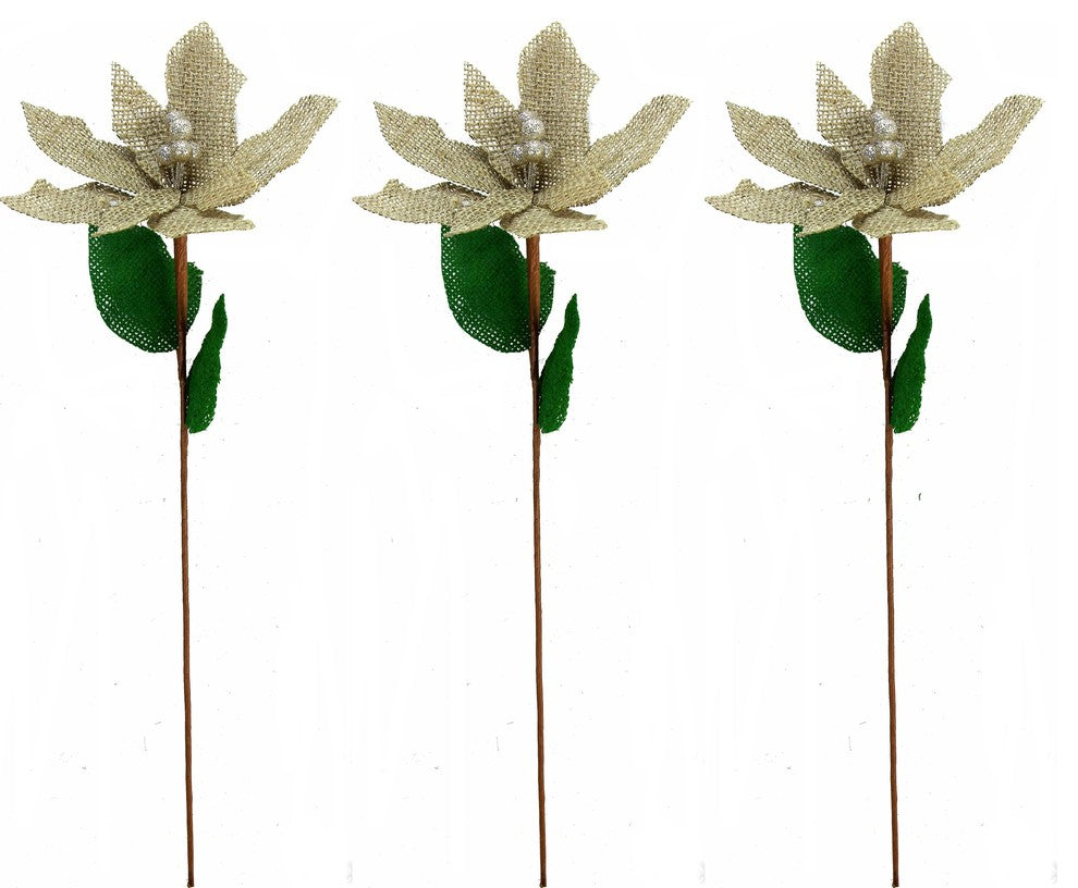 3 Pieces  20" Burlap Poinsettia Christmas Pick, Natural