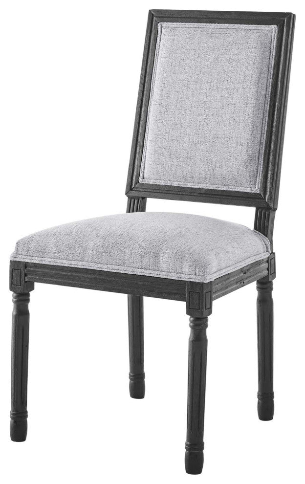 French Vintage Side Dining Chair, Fabric, Wood, Black Gray, Modern, Bistro