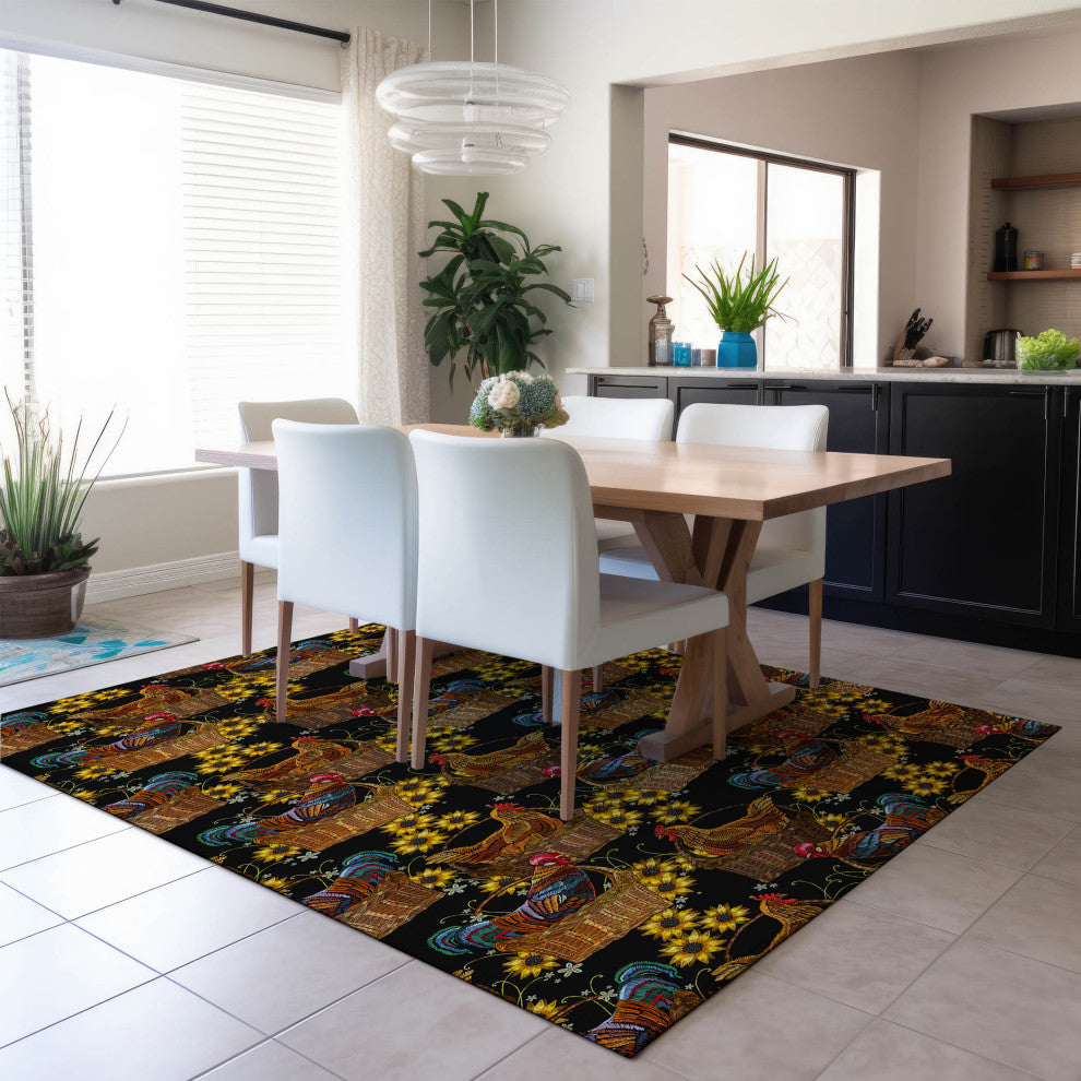Indoor/Outdoor Kendall KE2 Black Machine Washable 9' x 12' Rug