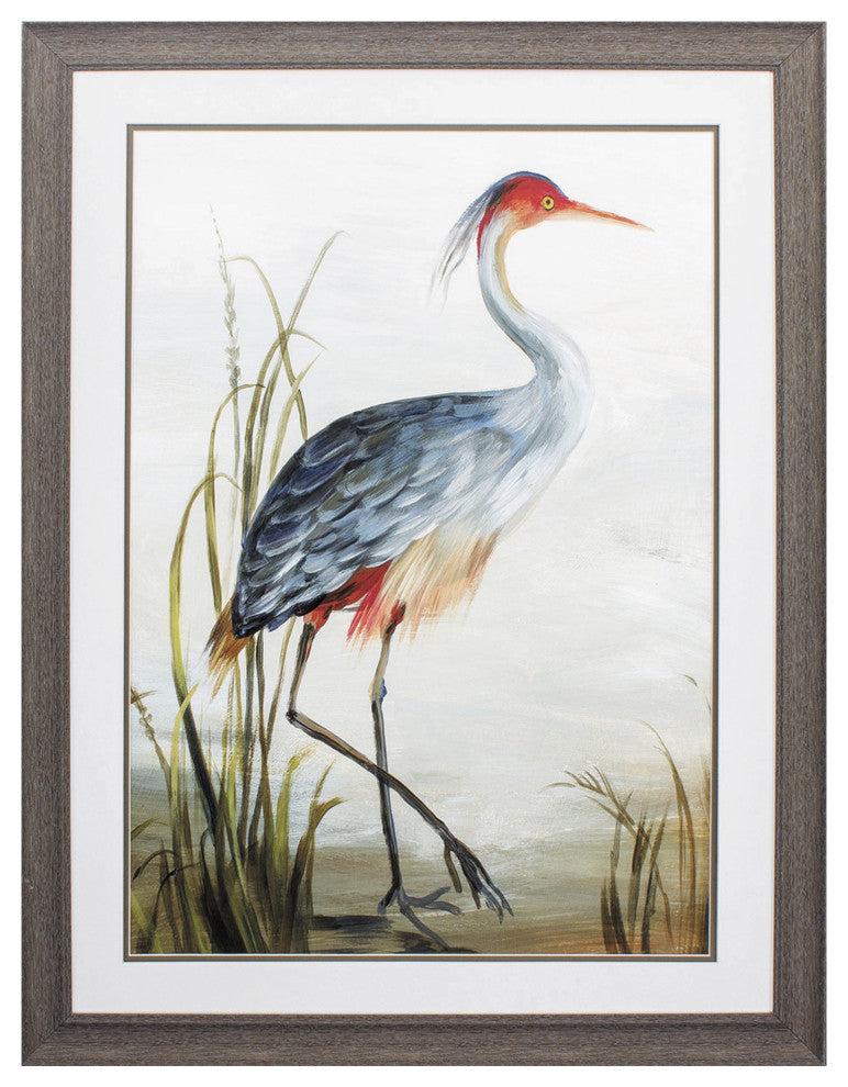 27" X 36" Distressed Wood Toned Frame Gray Heron