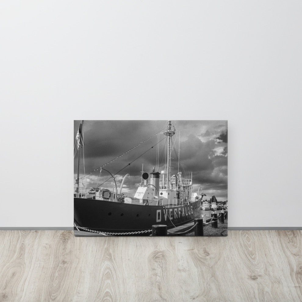 Overfalls Lightship Black & White Photo Canvas Wall Art Print, 18" X 24"
