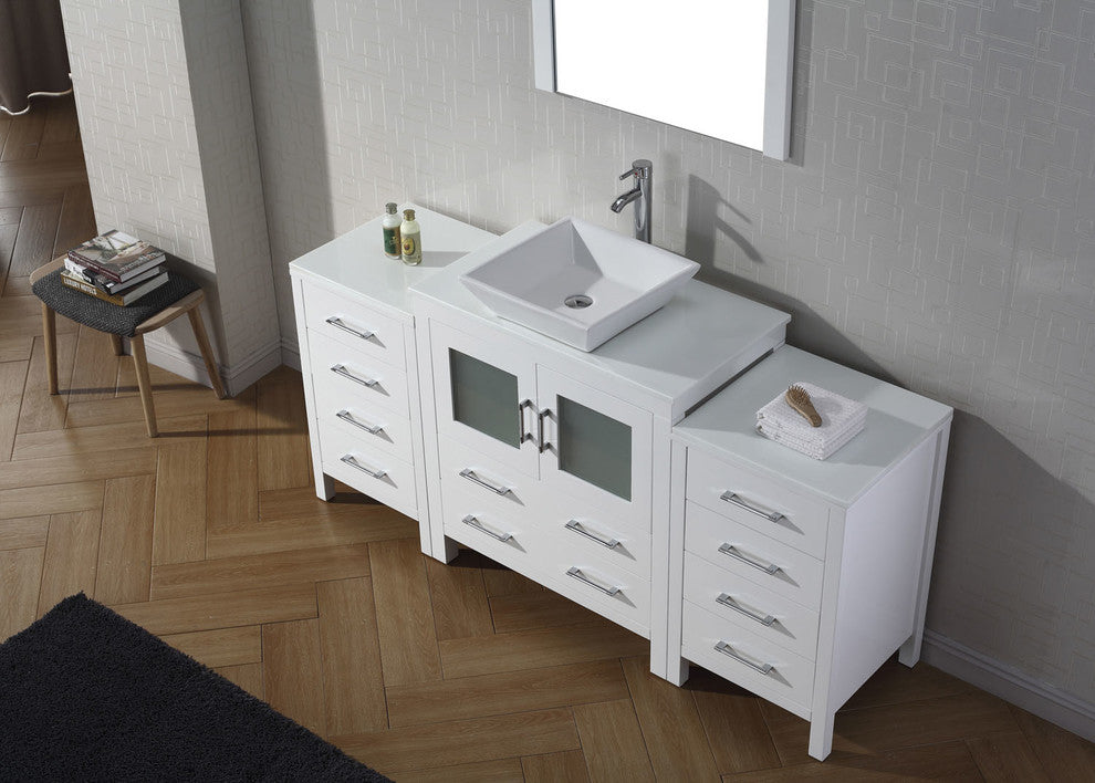 Virtu Dior 68" Single Bathroom Vanity, White With White Top, Faucet and Mirror