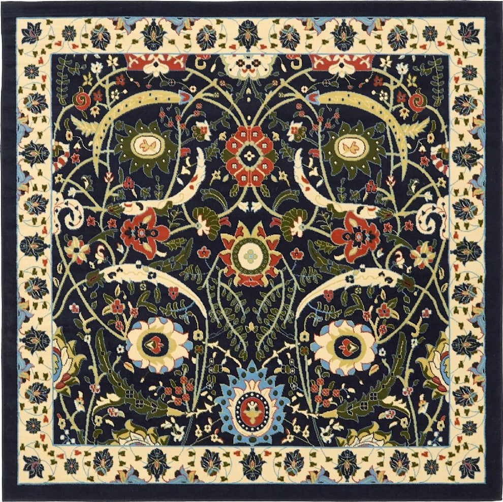 Country and Floral Kashan 8' Square Denim Area Rug