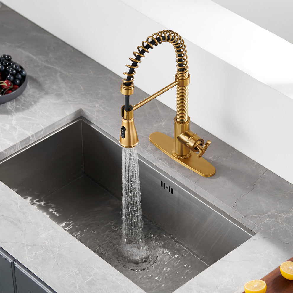 Single Handle Kitchen Faucet Pull-Down Sprayer, 360 Swivel, Three Functions, Brushed Gold