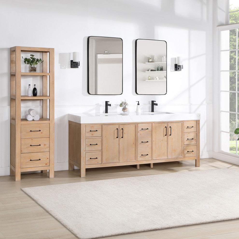 Leon Bath Vanity With Composite Stone Top, Fir Wood Brown, 84", With Mirror
