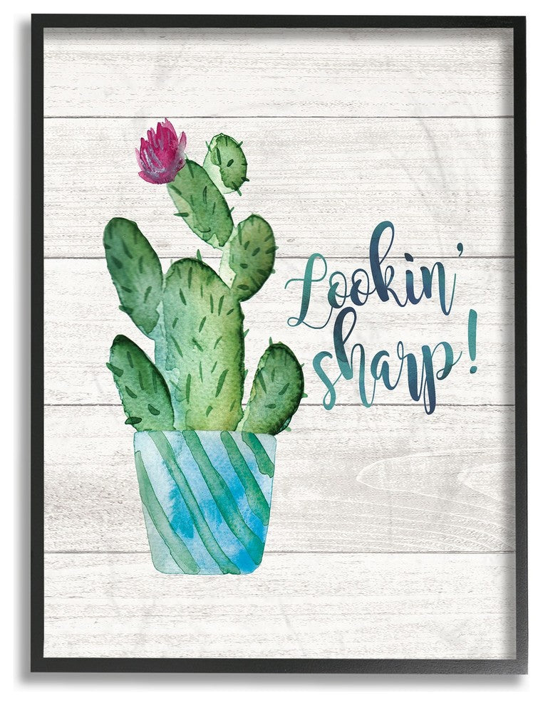 Looking Sharp Cactus Succulent Watercolor Framed Giclee Texturized Art, 11"x14"