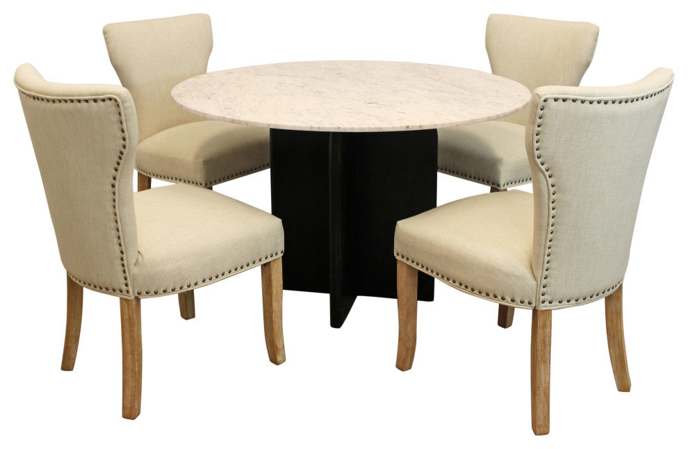 Lavaca 5-Piece Dining Set, 48" Round Dining Table and 2 Sets of Ivory Chairs