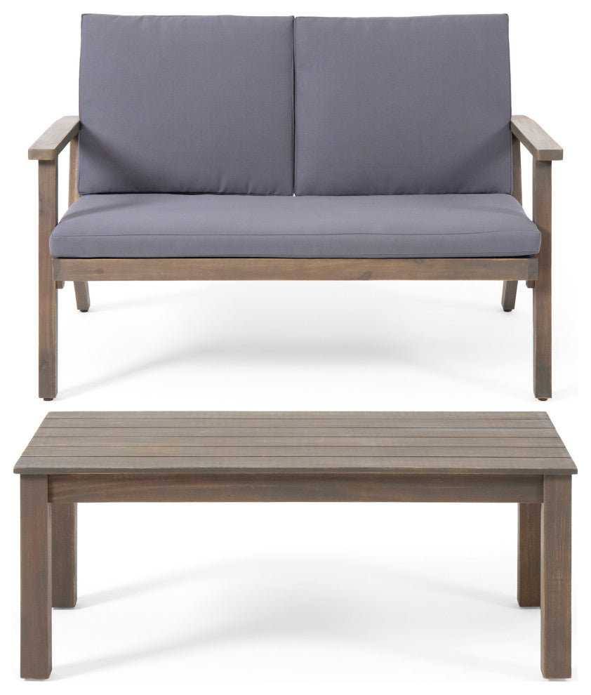 Avacyn Outdoor Acacia Wood Loveseat and Coffee Table Set with Cushions, Gray + Dark Gray