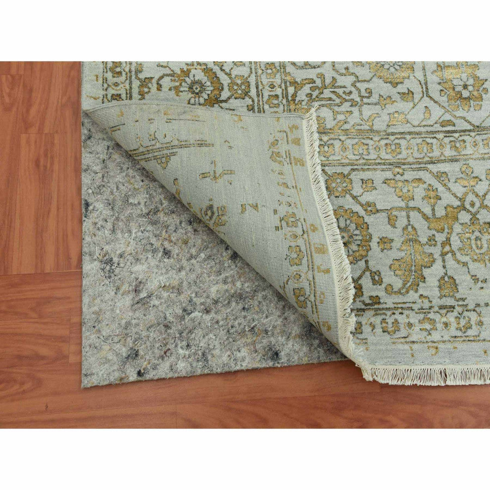 Gray Hand Knotted Broken Persian Erased Heriz Design Wool and Silk Rug, 10'x14'