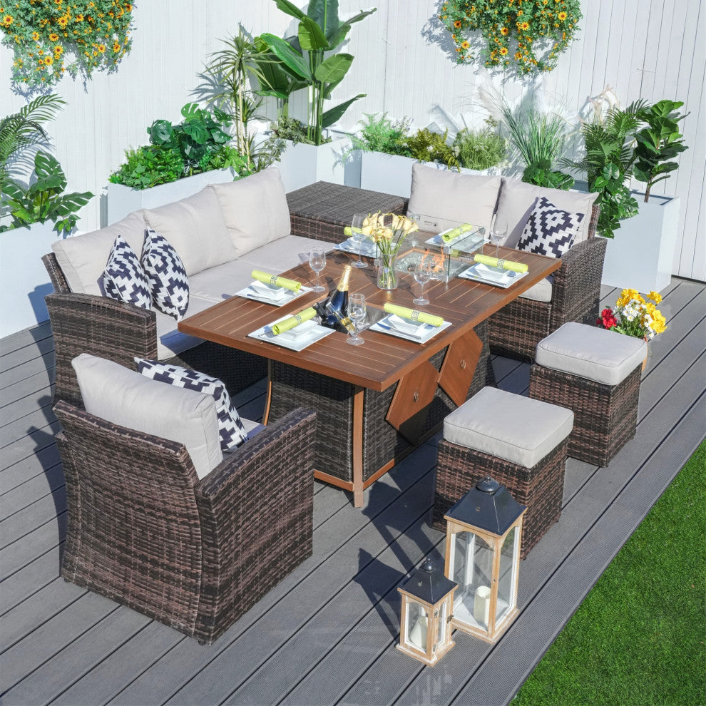 7-Piece Patio Sofa Set with Firepit and Ice Container Dining Table, Brown