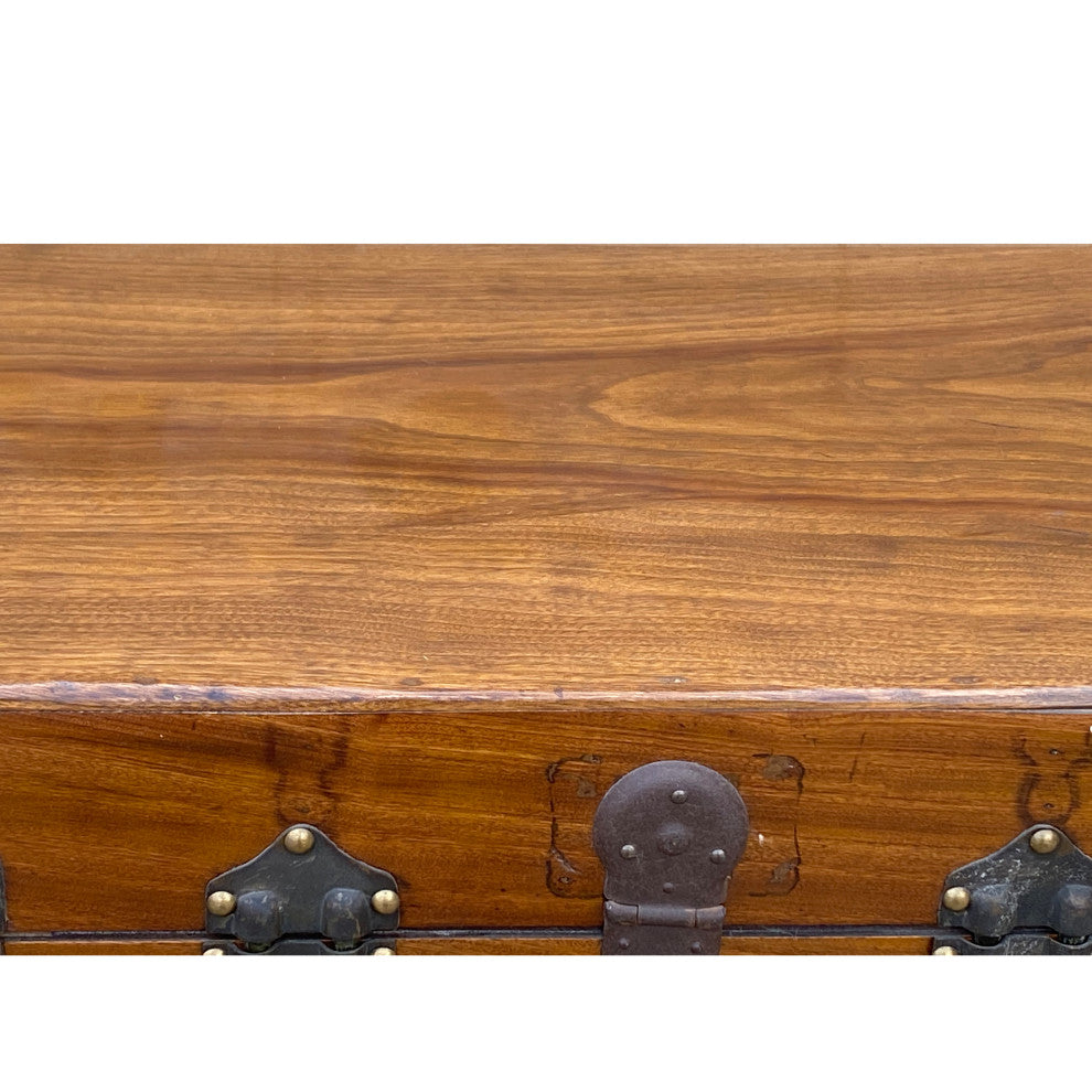 Vintage Oriental Chinese Brown Wood Iron Hardware Trunk Table Hcs7435