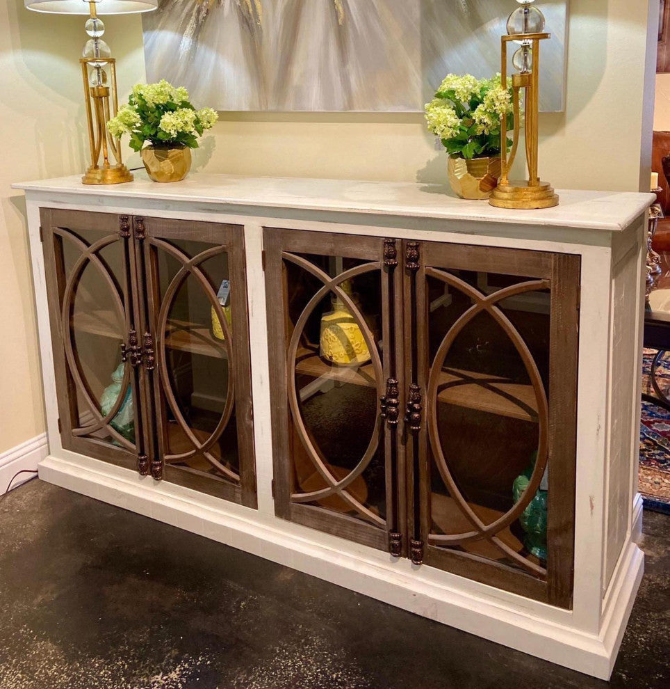 4 Door Glass Door Console With Iron Hardware, White With Brown Doors