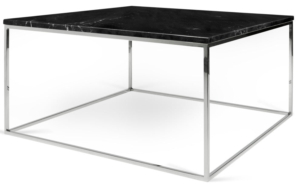 Modern Marble Top Minimal Metal Base Coffee Table, Black Marble/Chrome