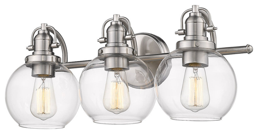 3 Light Retro Modern Clear glass Vanity Bath Fixture, Satin Nickel