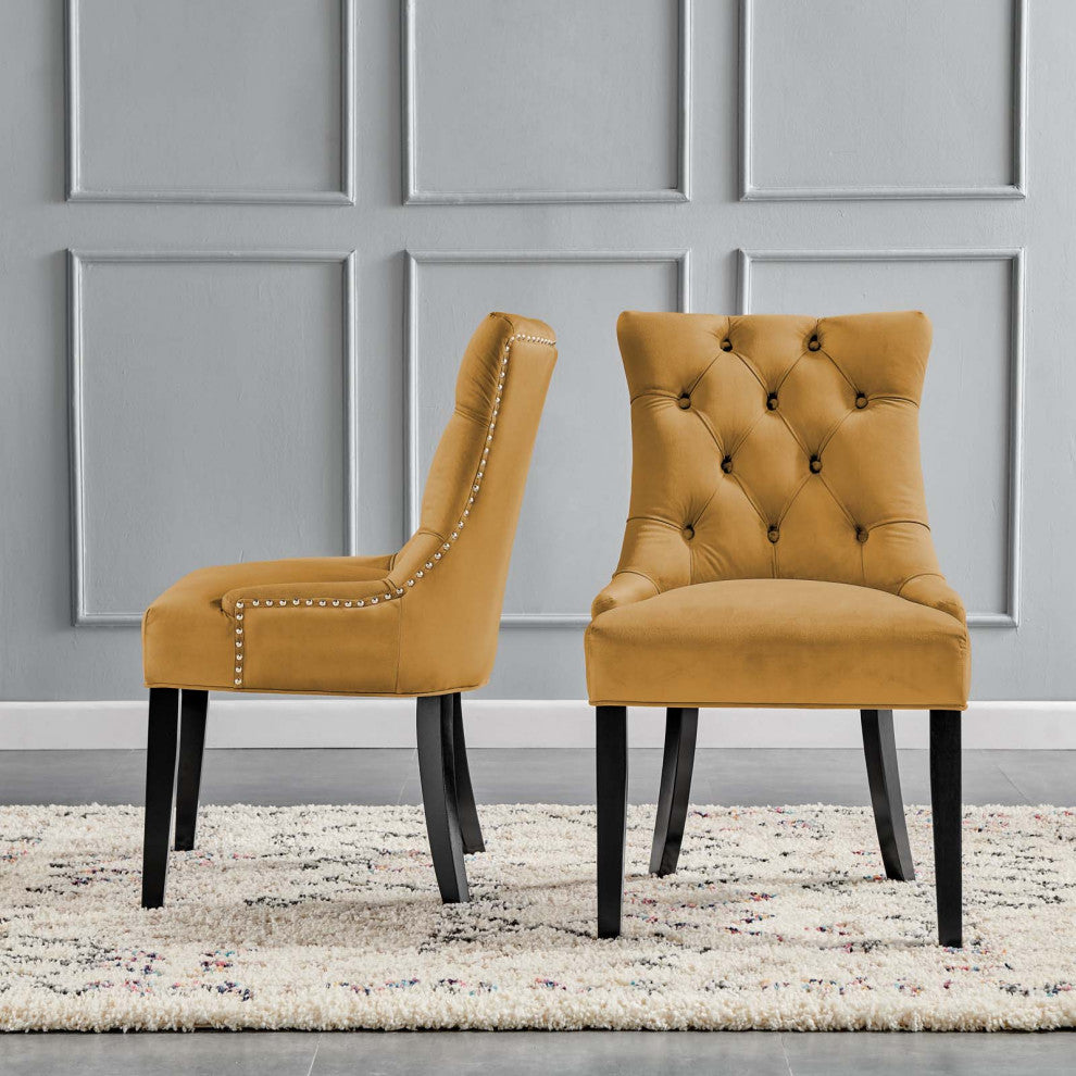 Tufted Side Dining Chair, Set of 2, Velvet, Wood, Brown, Cafe Bistro Restaurant