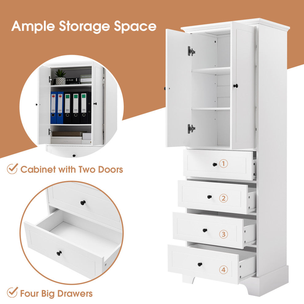 24 in. W x 68 in. H MDF Bathroom Storage Cabinet with Two Doors and Four Drawers, White
