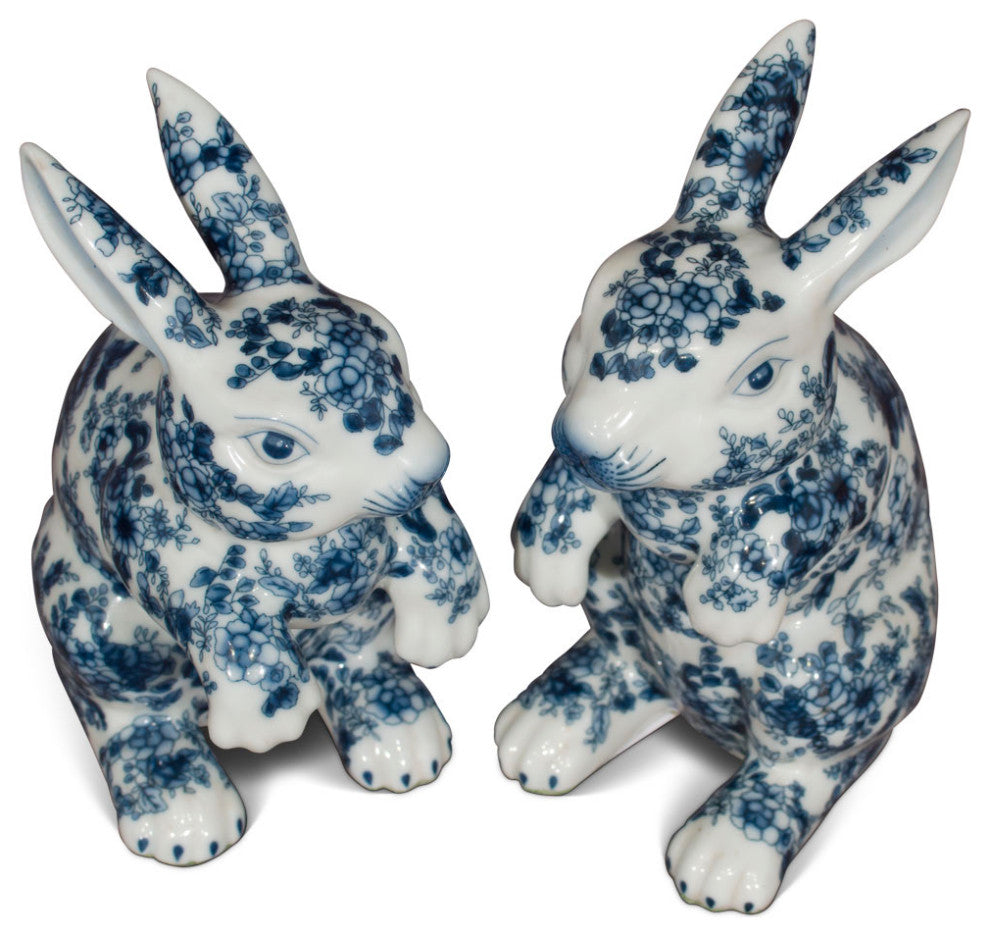 Blue and White Porcelain Rabbit Chinese Statue Set