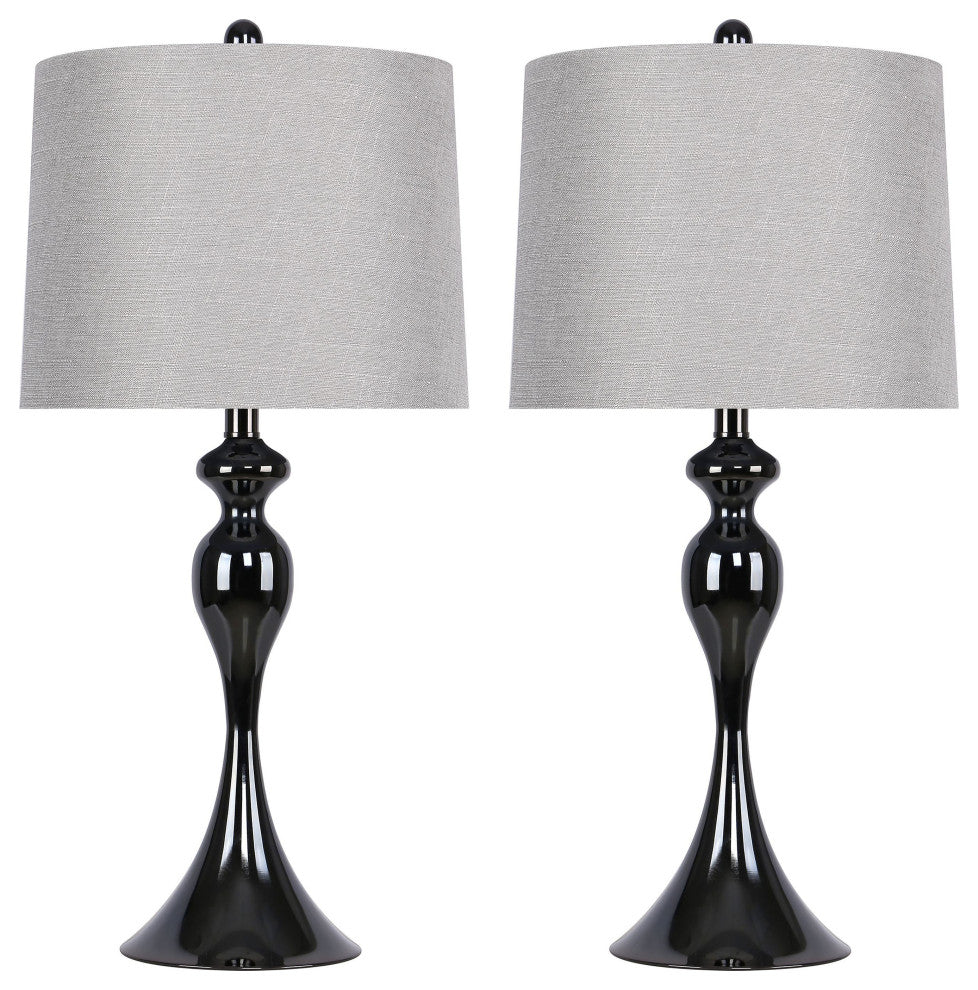 27" Curvy Gun Metal Table Lamps with Gray Textured Slub Linen Shades, Set of 2