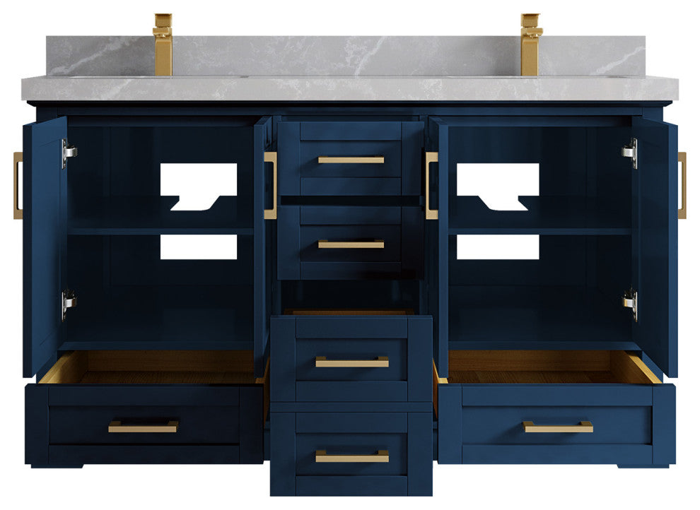 Boston 60 Double Bathroom Vanity in Navy Blue 2" Pearl Gray