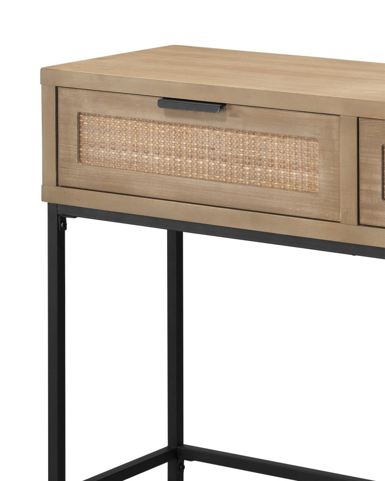 Luxe Woven Raffia Front 2 Drawer Console Table Casual Light Wood 40"