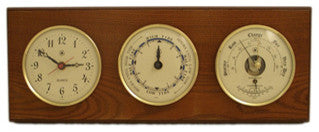 Brass Quartz Clock, Tide Clock and Barometer/Thermometer on Oak