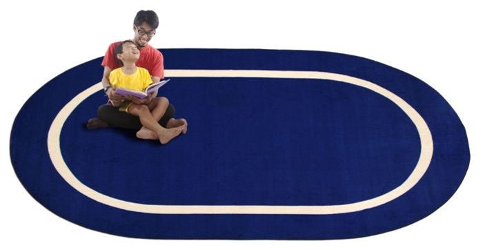 Blue and Creme Montessori Classroom Rug, Oval, 7''6"x12''