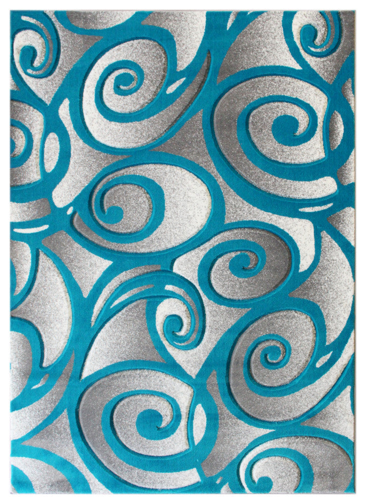 Angie Collection Modern Rectangle 5' x 7' High-Low Pile Swirled Area Rug, Turquo