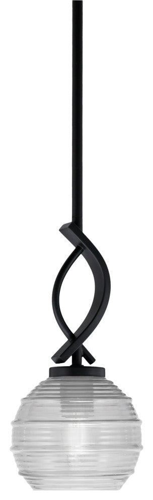 Cavella 1 Light Stem Mini Pendant, Matte Black Finish, 6" Clear Ribbed Glass