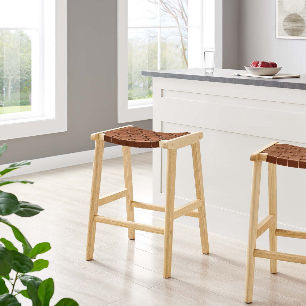 Saoirse Faux Leather Wood Counter Stool - Set of 2 - Natural Brown
