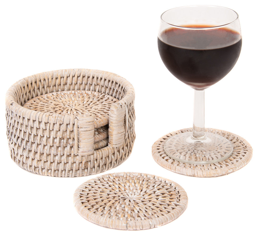 Artifacts Rattan Round Coasters With Box 7 Piece Set, White Wash
