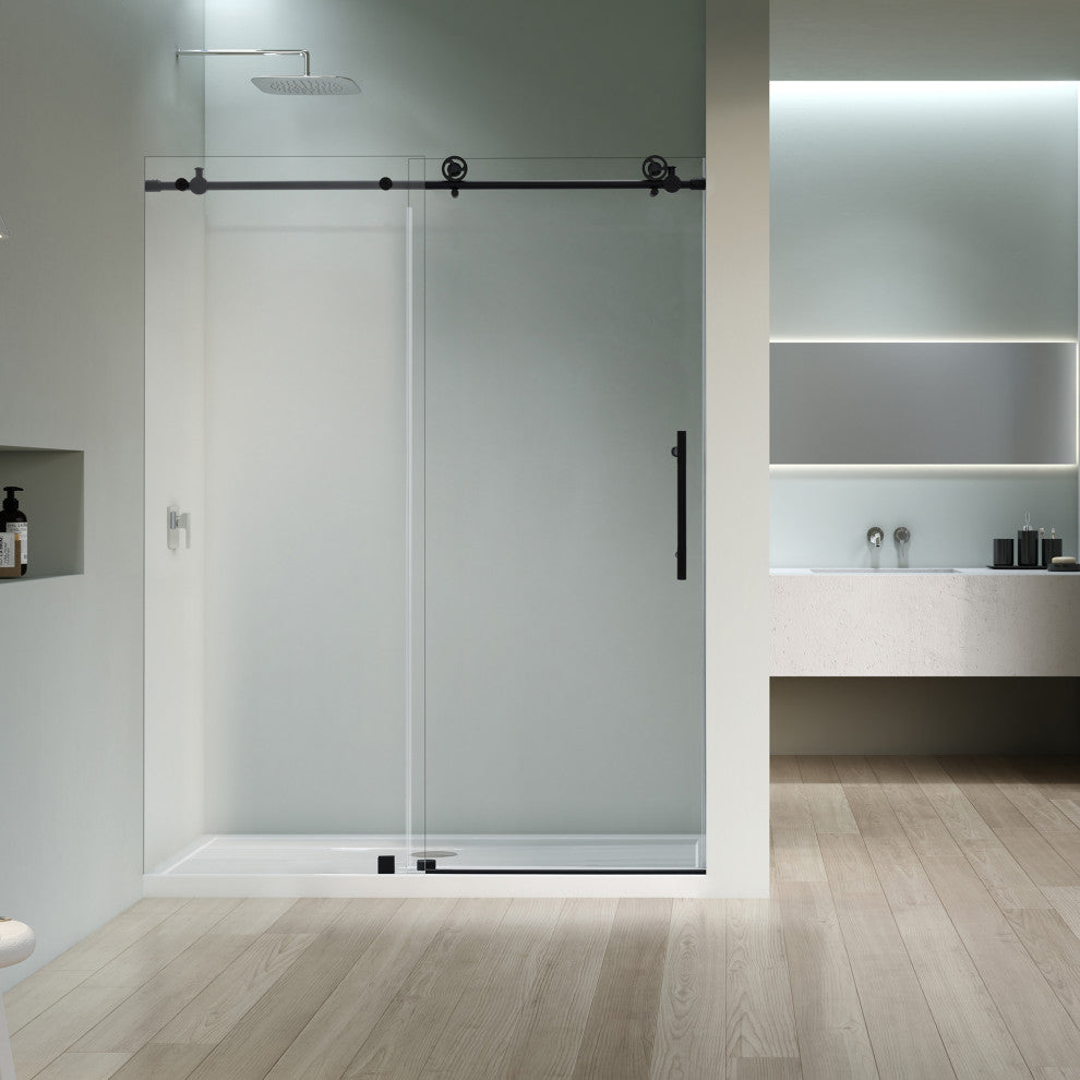 Gareth 60"Wx78"H Single Sliding Frameless Shower Door in Matte Black