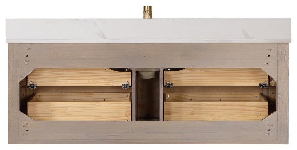 Cristo Floating Bath Vanity With Stone Top, Aged Dark Brown Oak, 55in., With Mirror