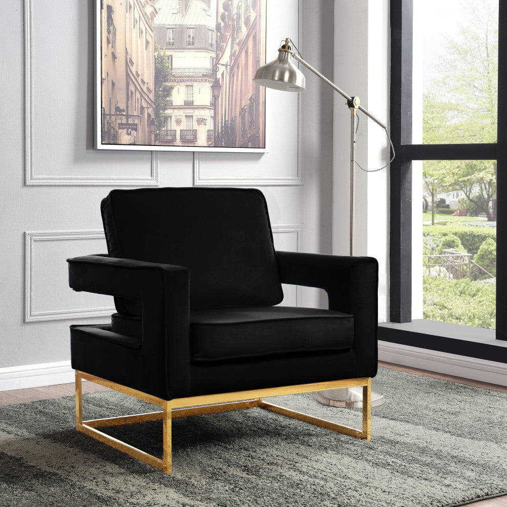 Noah Velvet Upholstered Accent Chair, Black, Gold Base