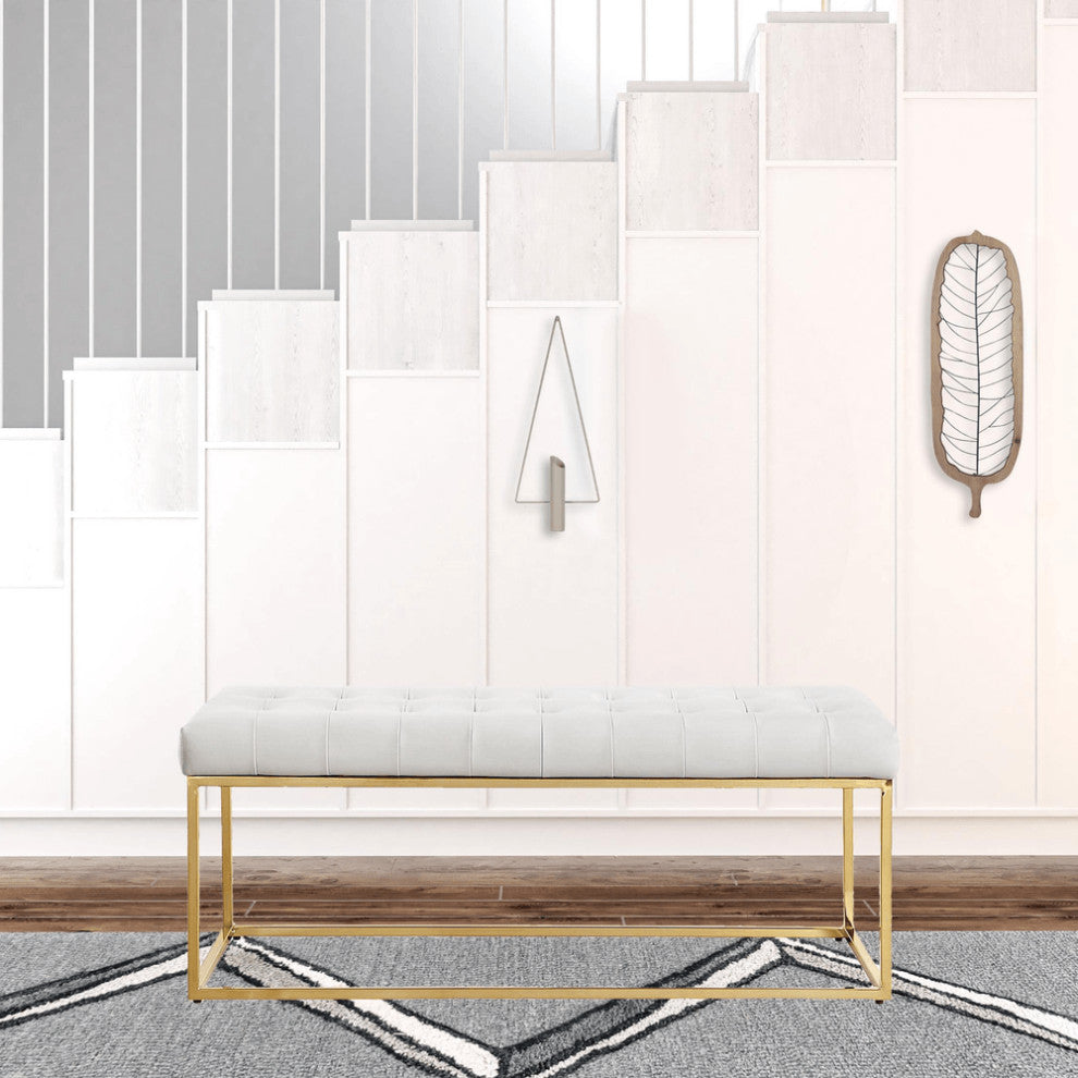 48" White and Gold Upholstered Faux Leather Bench