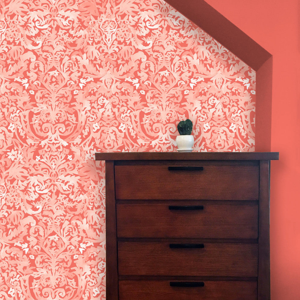 Antique Damask Wallcovering, Coral, Roll, Peel and Stick