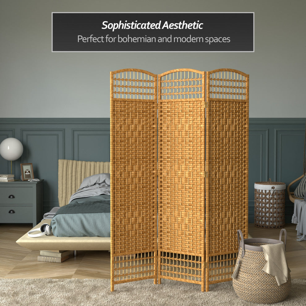 5 1/2' Tall Fiber Weave Room Divider, Light Beige, 3 Panel
