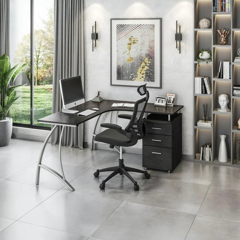 Modern L-Shaped Desk, Lockable File Cabinet & Spacious Curved Worktop, Espresso