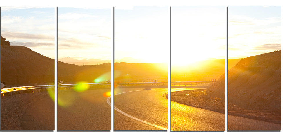 Yellow Road under Sunset, Oversized Landscape Canvas Art, 60"x28", 5 Panels