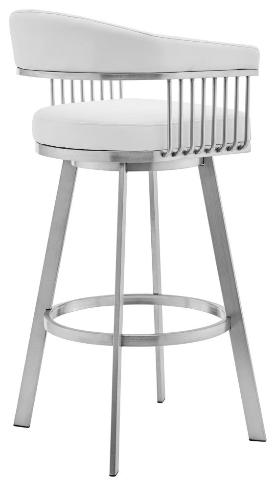30" Mod White Faux Leather Brushed Silver Finish Swivel Bar Stool
