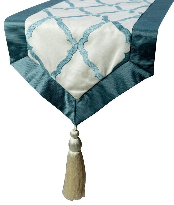 Decorative Table Runner Blue Satin 14"x48", Lattice & Tassels, Adonia
