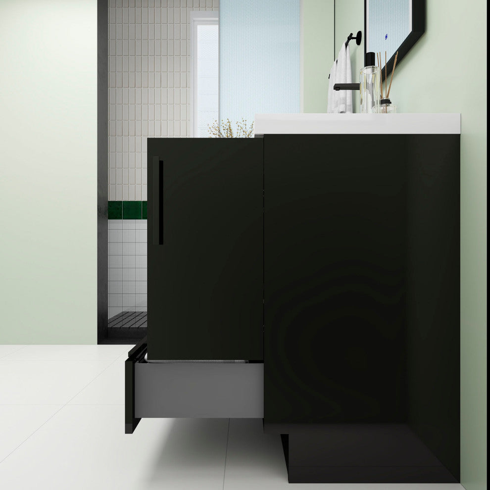 Carla 36" Freestanding Bathroom Vanity With Left Side Drawers, Gloss Black