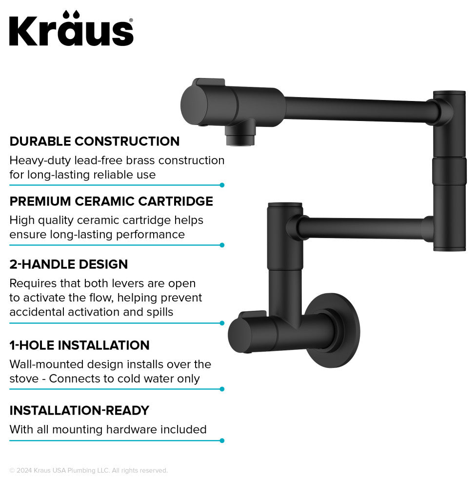 KRAUS Bolden 2 Handle Wall Mount Pot Filler Faucet, Retractable Arm, MB
